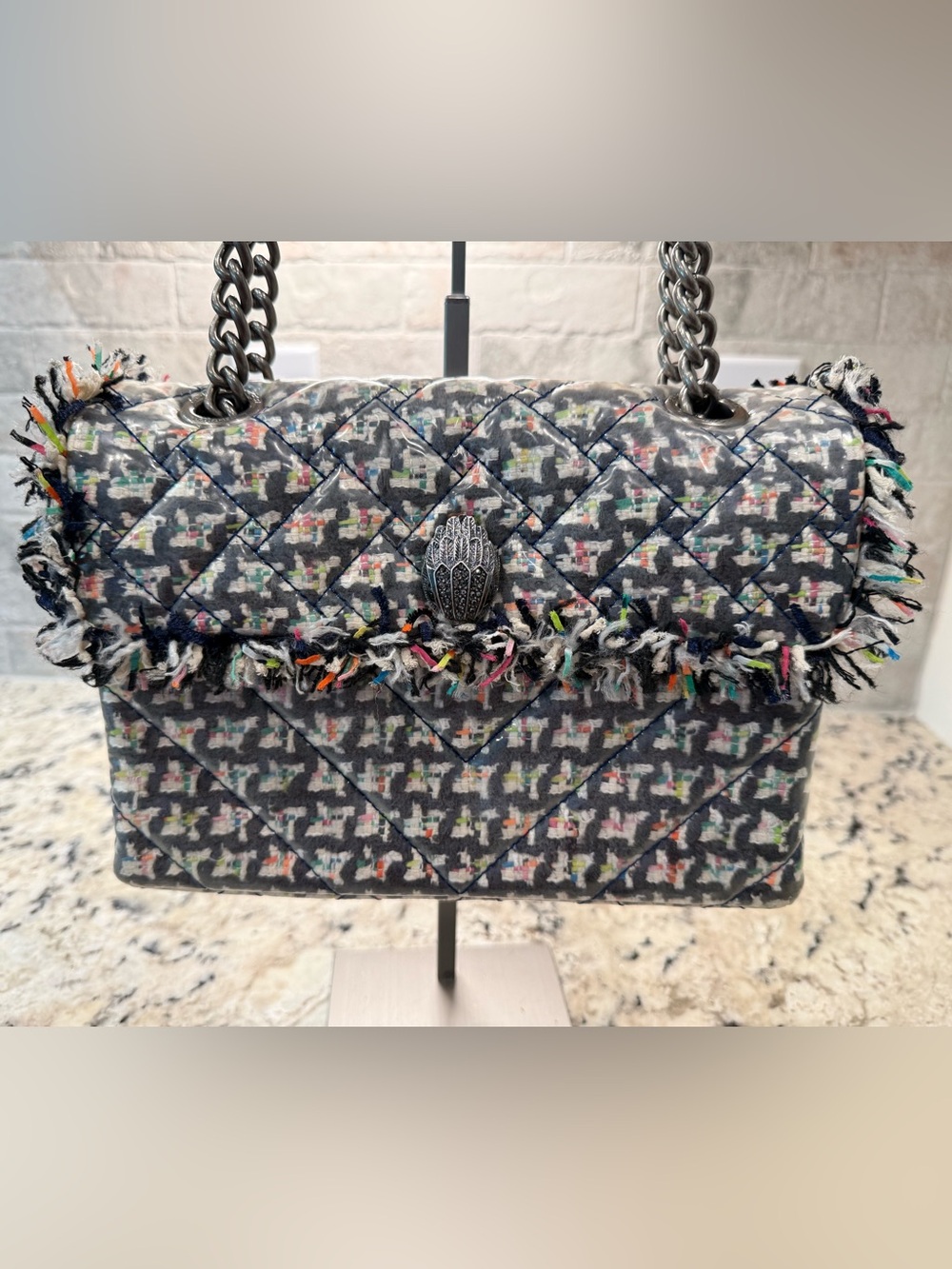 Kurt Geiger NWOT Quilted Gray Tweed Shoulder Bag w/Multicolor Thread